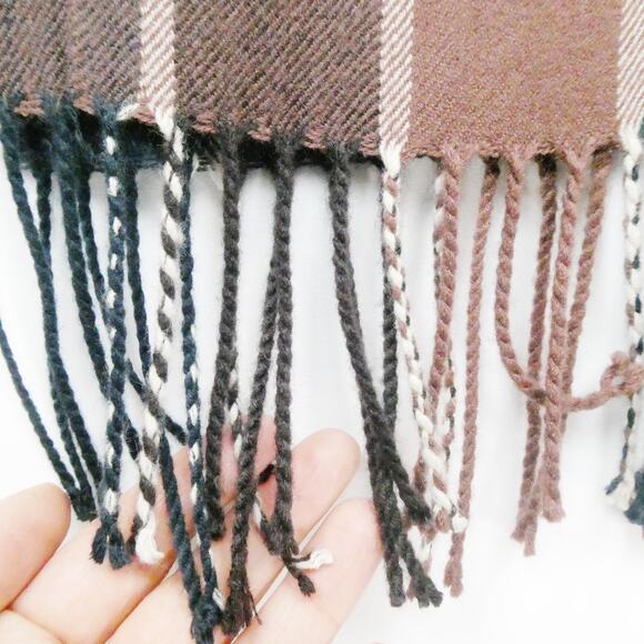 Windowpane Check Scarf Rectangle Fringe Brown Navy Blue Squares Pattern Flannel - Picture 5 of 7